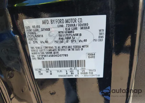 2005 Ford F-150 Fx4/Lariat/Xlt из США, поврежденный, VIN 1FTPW14585KD57785